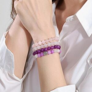 🆕New Lilac Jade & Rose Quartz & Amethyst Crystal Gemstone 4 Piece Bracelet Set